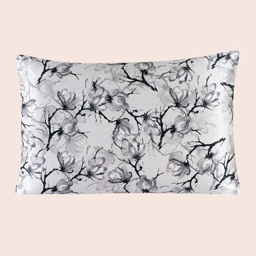 Taie d’oreiller en soie fleurs aquarelle noir et gris