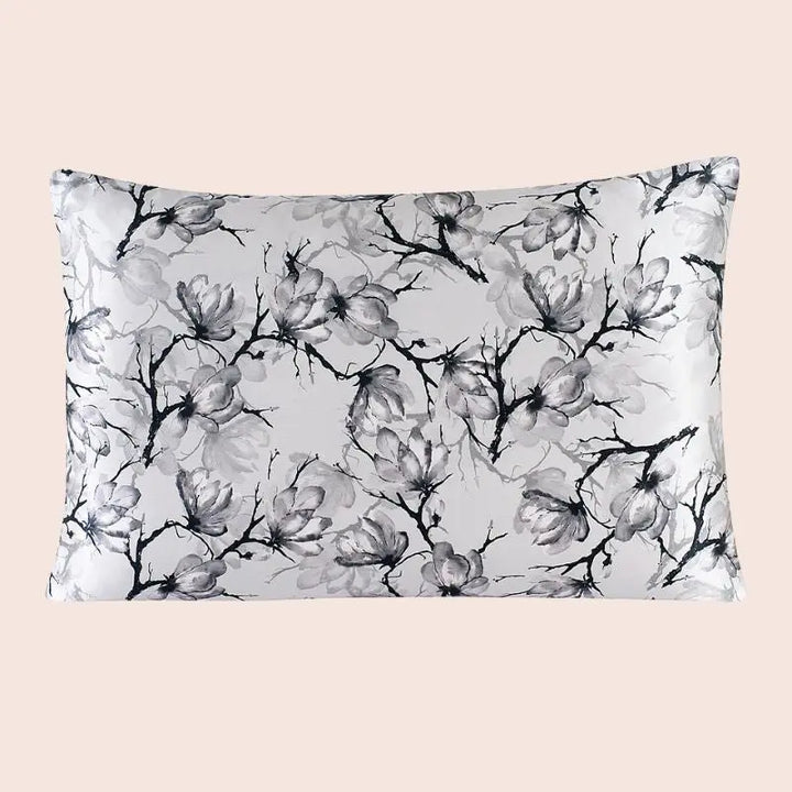 Taie d’oreiller en soie fleurs aquarelle noir et gris