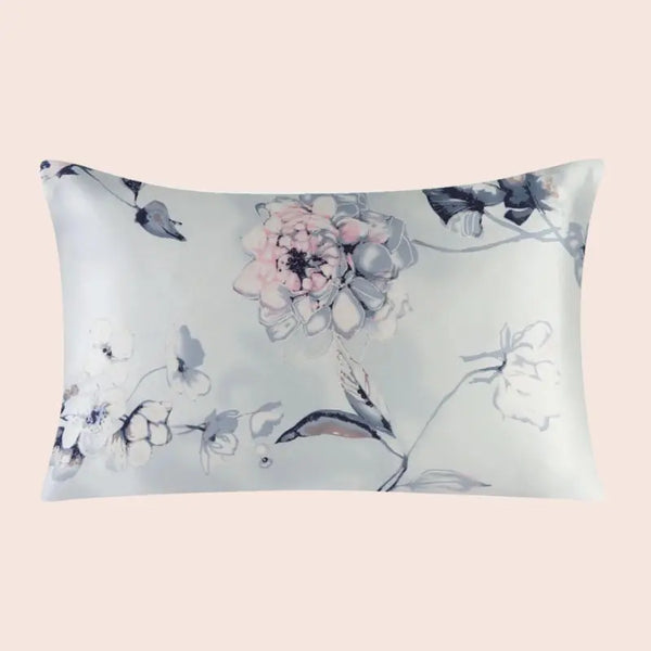 Taie d’oreiller en soie fleurs grises et roses pastel