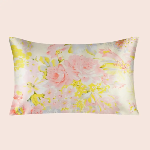 Taie d’oreiller en soie fleurs pastel jaune et rose