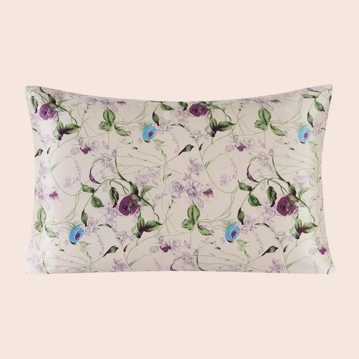 Taie d’oreiller en soie roses violettes et bleues